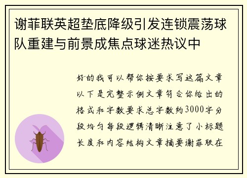 谢菲联英超垫底降级引发连锁震荡球队重建与前景成焦点球迷热议中