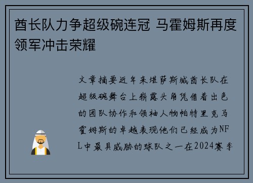 酋长队力争超级碗连冠 马霍姆斯再度领军冲击荣耀