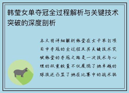 韩莹女单夺冠全过程解析与关键技术突破的深度剖析
