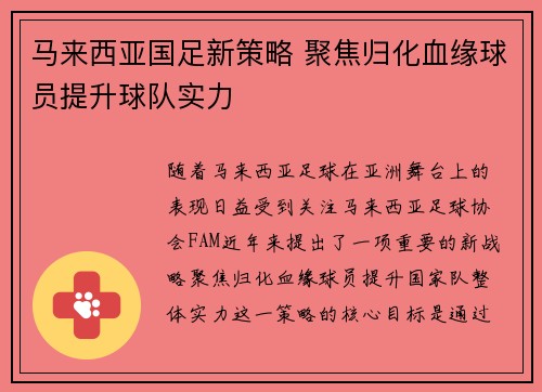 马来西亚国足新策略 聚焦归化血缘球员提升球队实力