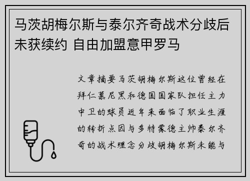 马茨胡梅尔斯与泰尔齐奇战术分歧后未获续约 自由加盟意甲罗马 马茨胡梅尔斯与泰尔齐奇战术分歧后未获续约 自由加盟意甲罗马