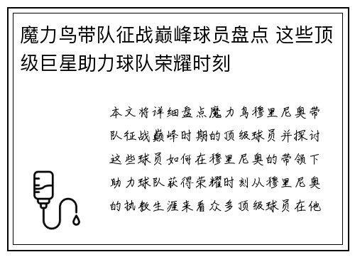 魔力鸟带队征战巅峰球员盘点 这些顶级巨星助力球队荣耀时刻