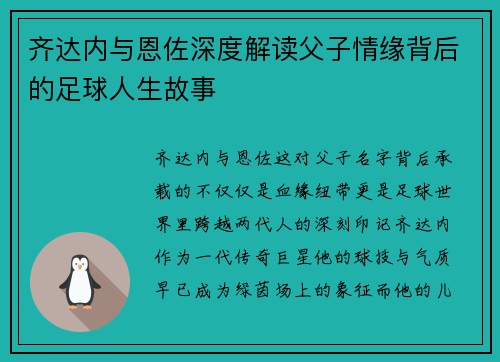 齐达内与恩佐深度解读父子情缘背后的足球人生故事